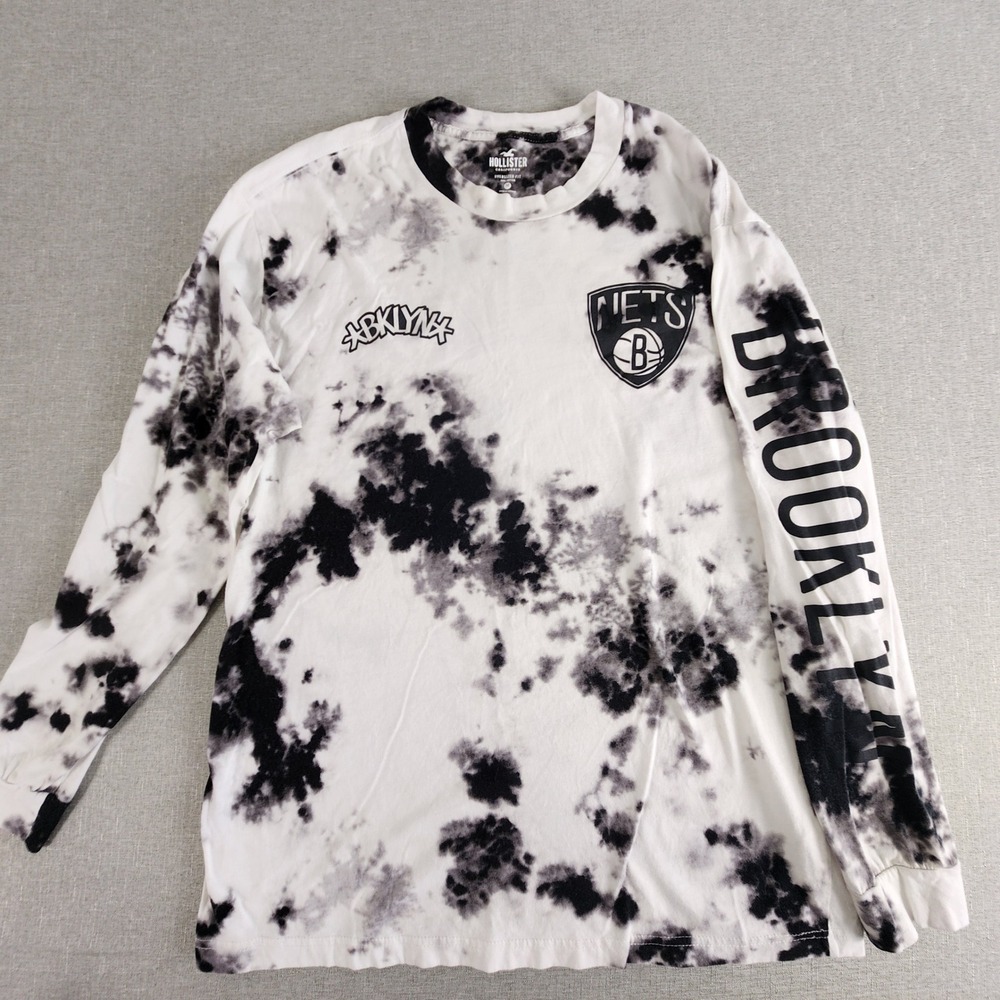 Hollister Brooklyn Nets Tie Dye Long Sleeve Tee Men Medium Oversized Black White